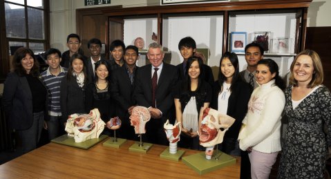 The students taking the International Foundation for Medicine Programme are pictured with the Dean of Medicine Professor Hugh MacDougall in the anatomy room at the School of Medicine. Also pictured with the students are Director of English Language Teaching Jane Magee (left) and International Foundation for Medicine Programme Director Catherine Kerr-Dineen (right). Photo: Alan Richardson, Pix-AR.